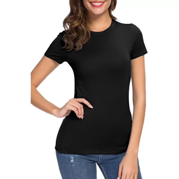 Womens Crewneck Slim Fitted Short Sleeve TShirt Stretchy Bodycon Basic Tee TopsBlack