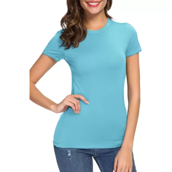 Womens Crewneck Slim Fitted Short Sleeve TShirt Stretchy Bodycon Basic Tee TopsBlue