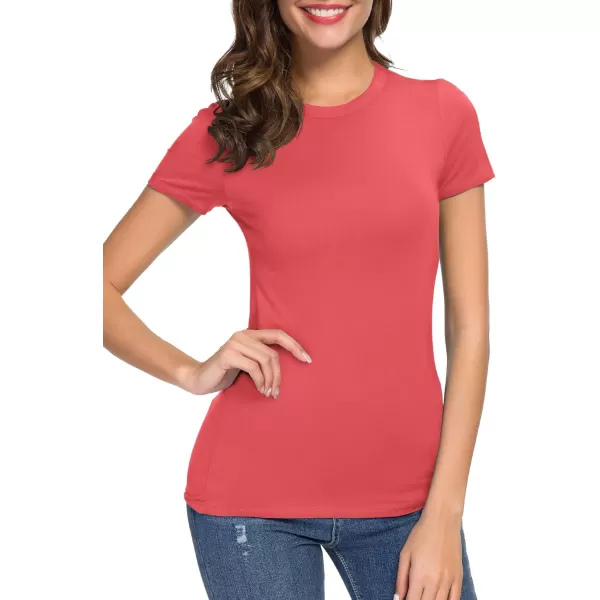 Womens Crewneck Slim Fitted Short Sleeve TShirt Stretchy Bodycon Basic Tee TopsCoral