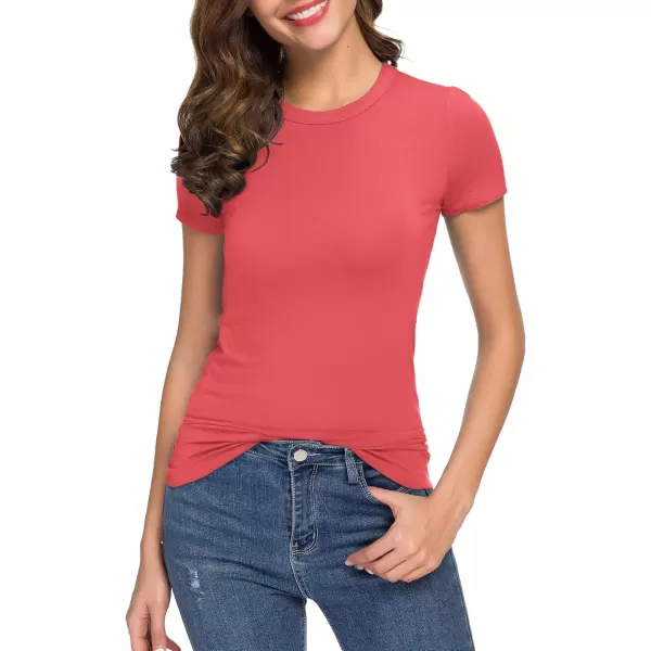 Womens Crewneck Slim Fitted Short Sleeve TShirt Stretchy Bodycon Basic Tee TopsCoral