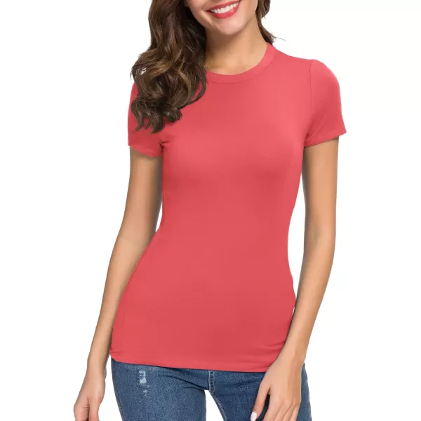 Womens Crewneck Slim Fitted Short Sleeve TShirt Stretchy Bodycon Basic Tee TopsCoral