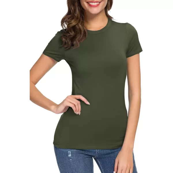 Womens Crewneck Slim Fitted Short Sleeve TShirt Stretchy Bodycon Basic Tee TopsGreen