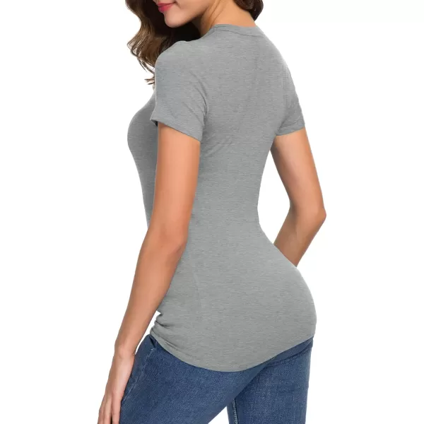 Womens Crewneck Slim Fitted Short Sleeve TShirt Stretchy Bodycon Basic Tee TopsHeather Grey
