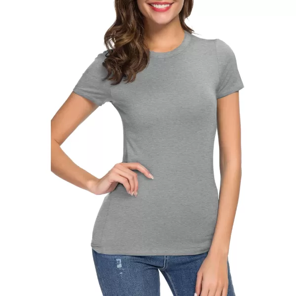 Womens Crewneck Slim Fitted Short Sleeve TShirt Stretchy Bodycon Basic Tee TopsHeather Grey