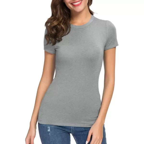 Womens Crewneck Slim Fitted Short Sleeve TShirt Stretchy Bodycon Basic Tee TopsHeather Grey