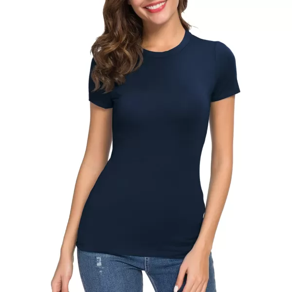 Womens Crewneck Slim Fitted Short Sleeve TShirt Stretchy Bodycon Basic Tee TopsNavy Blue