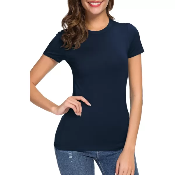 Womens Crewneck Slim Fitted Short Sleeve TShirt Stretchy Bodycon Basic Tee TopsNavy Blue