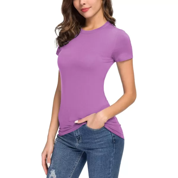 Womens Crewneck Slim Fitted Short Sleeve TShirt Stretchy Bodycon Basic Tee TopsPink Orchid