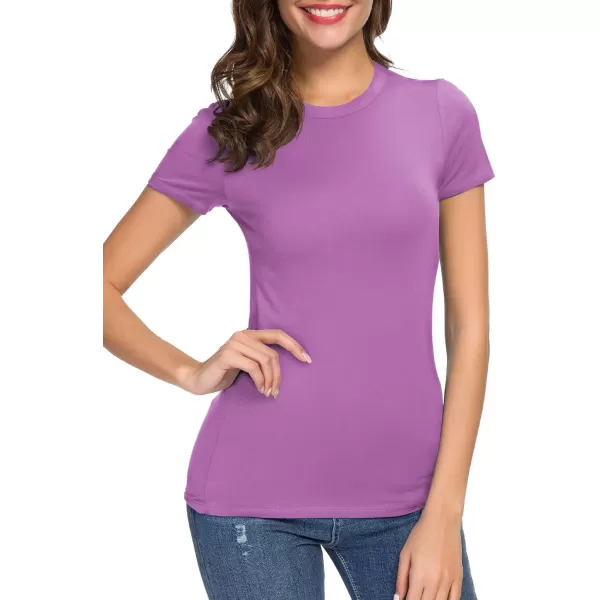 Womens Crewneck Slim Fitted Short Sleeve TShirt Stretchy Bodycon Basic Tee TopsPink Orchid