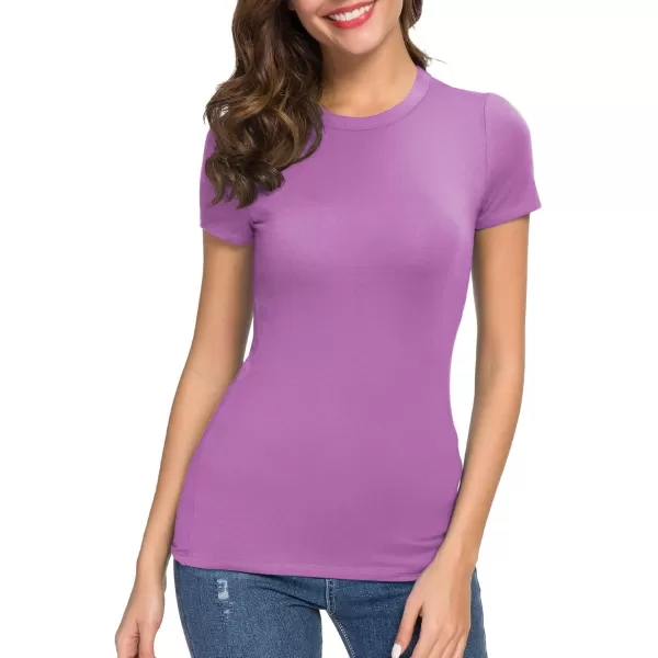 Womens Crewneck Slim Fitted Short Sleeve TShirt Stretchy Bodycon Basic Tee TopsPink Orchid