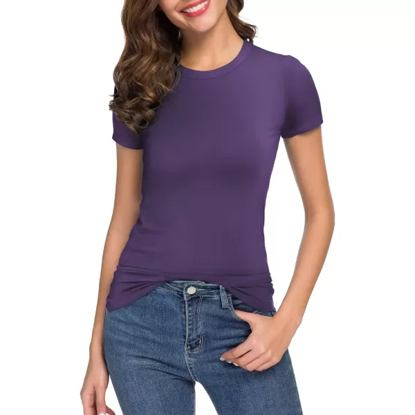 Womens Crewneck Slim Fitted Short Sleeve TShirt Stretchy Bodycon Basic Tee TopsPurple