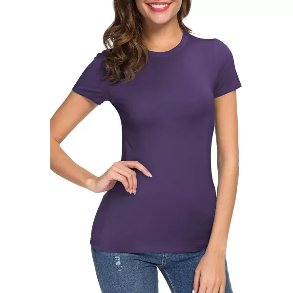 Womens Crewneck Slim Fitted Short Sleeve TShirt Stretchy Bodycon Basic Tee TopsPurple