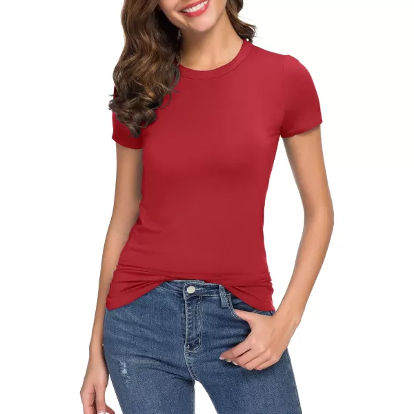 Womens Crewneck Slim Fitted Short Sleeve TShirt Stretchy Bodycon Basic Tee TopsRed