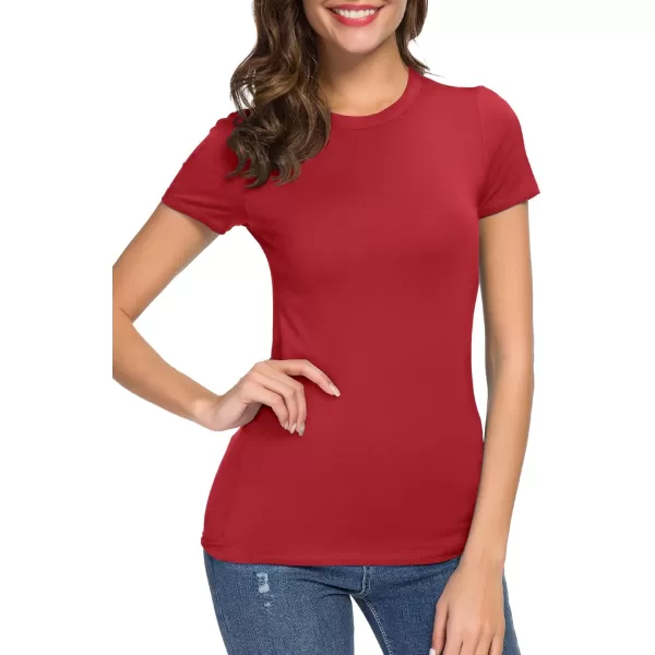 Womens Crewneck Slim Fitted Short Sleeve TShirt Stretchy Bodycon Basic Tee TopsRed