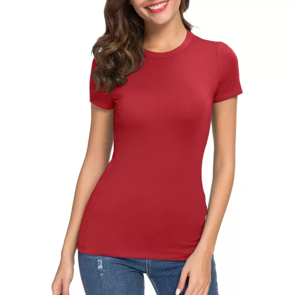 Womens Crewneck Slim Fitted Short Sleeve TShirt Stretchy Bodycon Basic Tee TopsRed