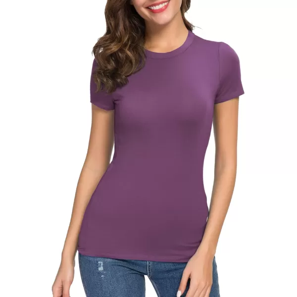 Womens Crewneck Slim Fitted Short Sleeve TShirt Stretchy Bodycon Basic Tee TopsRich Raisin