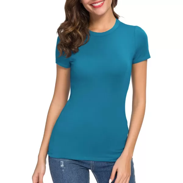 Womens Crewneck Slim Fitted Short Sleeve TShirt Stretchy Bodycon Basic Tee TopsSteel Blue