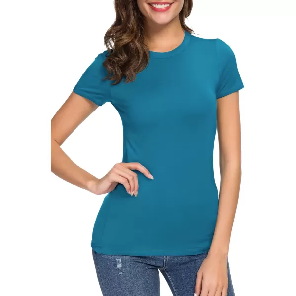 Womens Crewneck Slim Fitted Short Sleeve TShirt Stretchy Bodycon Basic Tee TopsSteel Blue