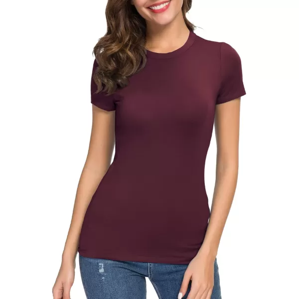 Womens Crewneck Slim Fitted Short Sleeve TShirt Stretchy Bodycon Basic Tee TopsWine Red