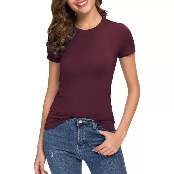 Womens Crewneck Slim Fitted Short Sleeve TShirt Stretchy Bodycon Basic Tee TopsWine Red