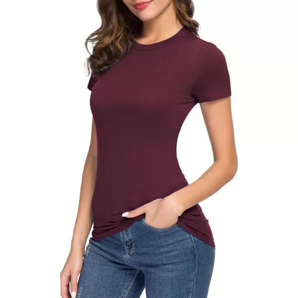 Womens Crewneck Slim Fitted Short Sleeve TShirt Stretchy Bodycon Basic Tee TopsWine Red