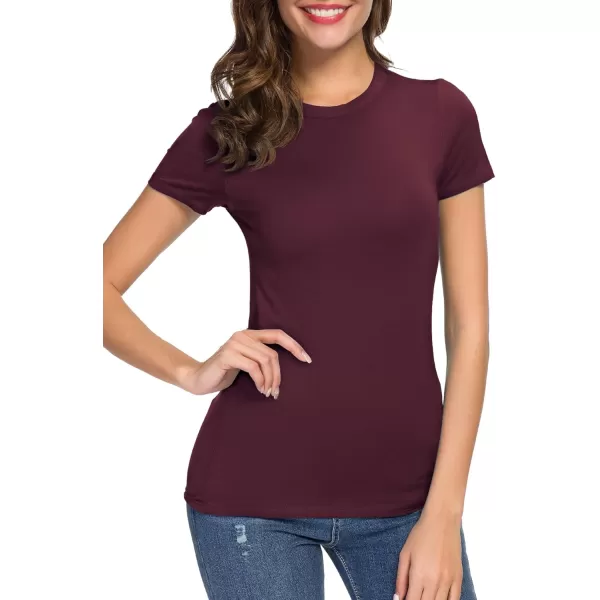 Womens Crewneck Slim Fitted Short Sleeve TShirt Stretchy Bodycon Basic Tee TopsWine Red