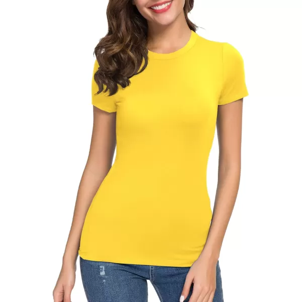 Womens Crewneck Slim Fitted Short Sleeve TShirt Stretchy Bodycon Basic Tee TopsYellow