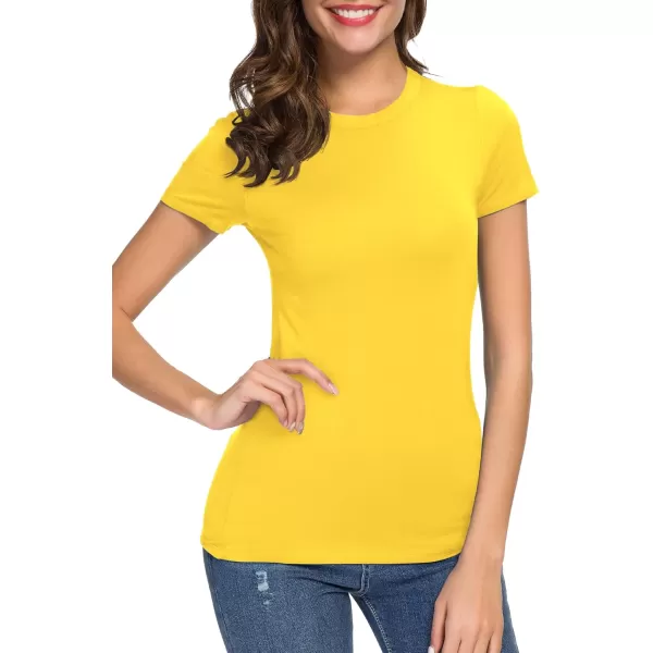Womens Crewneck Slim Fitted Short Sleeve TShirt Stretchy Bodycon Basic Tee TopsYellow