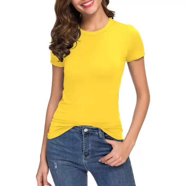 Womens Crewneck Slim Fitted Short Sleeve TShirt Stretchy Bodycon Basic Tee TopsYellow