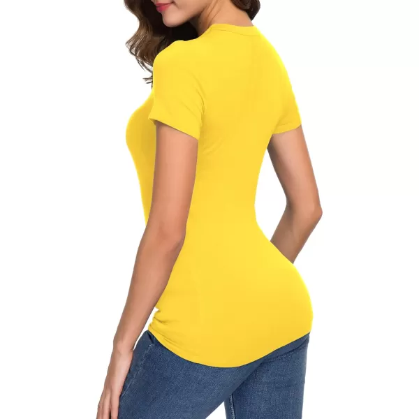 Womens Crewneck Slim Fitted Short Sleeve TShirt Stretchy Bodycon Basic Tee TopsYellow