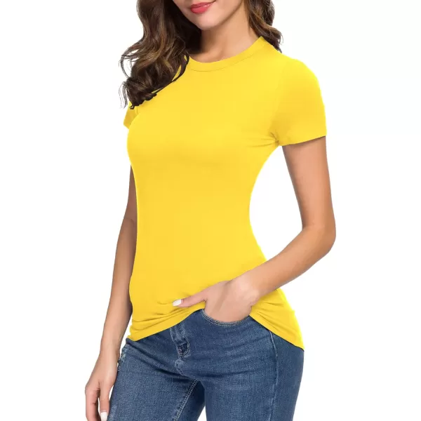 Womens Crewneck Slim Fitted Short Sleeve TShirt Stretchy Bodycon Basic Tee TopsYellow