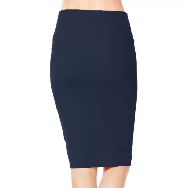 Womens High Waist Stretch Bodycon Pencil Skirt Knee Length Midi Straight SkirtNavy Blue