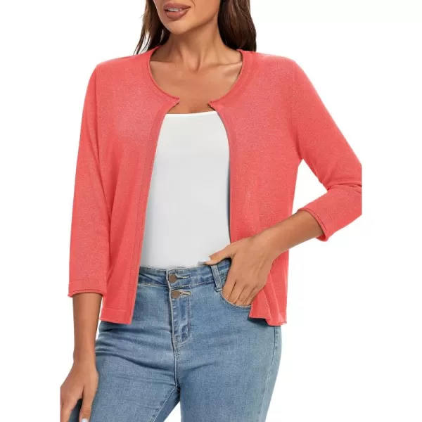 Urban CoCo Womens 34 Sleeve Open Front Shrugs Lightweight Crew Neck Cardigan SweaterCoral