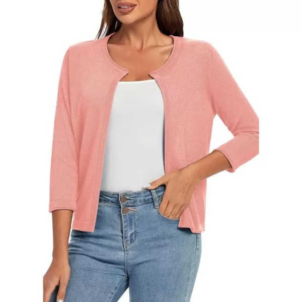 Urban CoCo Womens 34 Sleeve Open Front Shrugs Lightweight Crew Neck Cardigan SweaterPink
