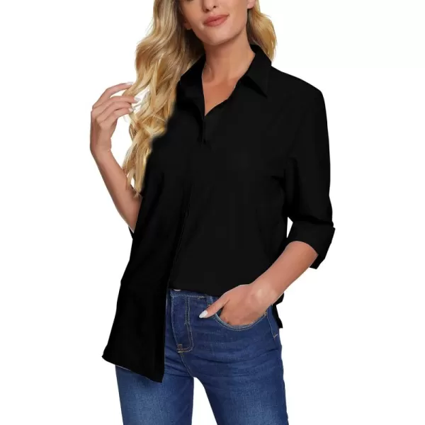 Urban CoCo Womens Button Down V Neck Shirts Long Sleeve Office Casual Business Plain Blouses TopsBlack