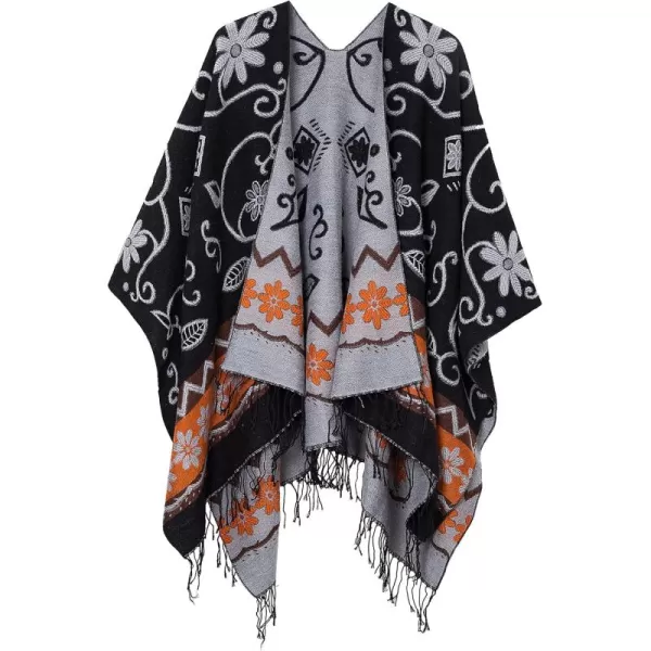 Urban CoCo Womens Printed Tassel Open front Poncho Cape Cardigan Wrap ShawlBlack