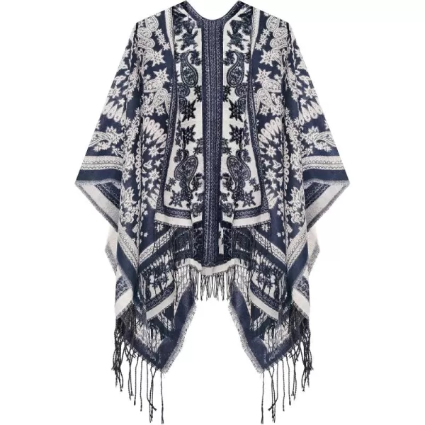 Urban CoCo Womens Printed Tassel Open front Poncho Cape Cardigan Wrap ShawlSeries 18navy Blue