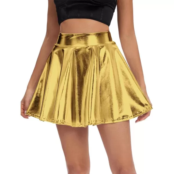 Urban CoCo Womens Shiny Flared Pleated Mini Skater SkirtGold
