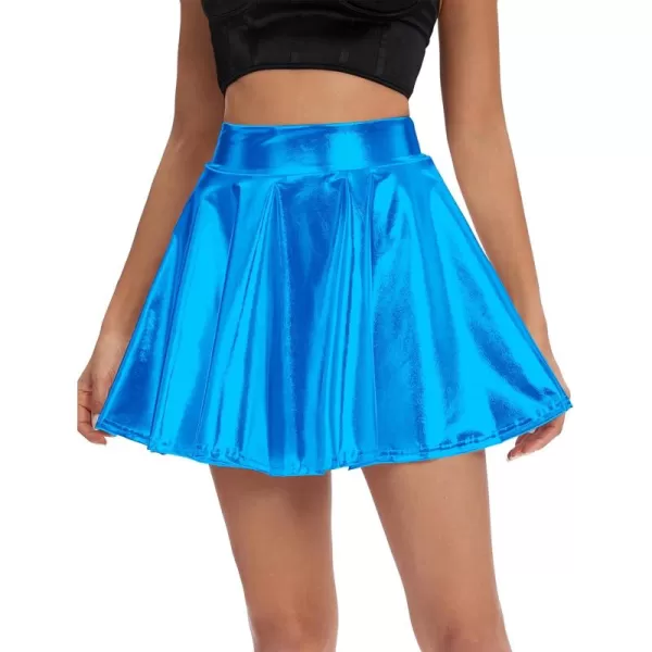 Urban CoCo Womens Shiny Flared Pleated Mini Skater SkirtLake Blue