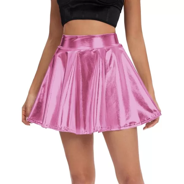 Urban CoCo Womens Shiny Flared Pleated Mini Skater SkirtPink