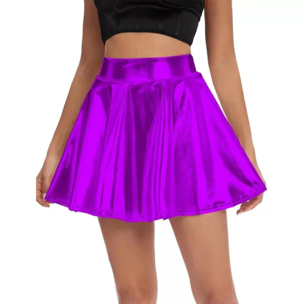 Urban CoCo Womens Shiny Flared Pleated Mini Skater SkirtPurple