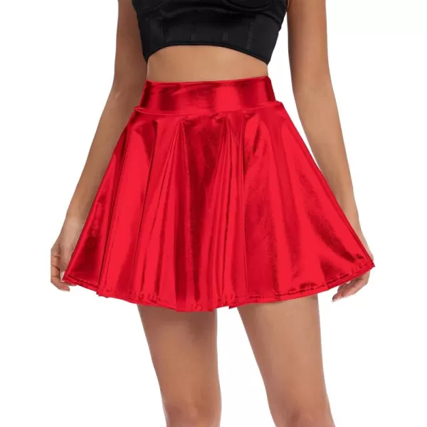 Urban CoCo Womens Shiny Flared Pleated Mini Skater SkirtRed