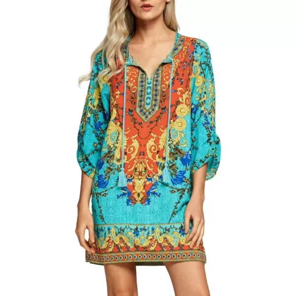 Women Bohemian Neck Tie Vintage Printed Ethnic Style Summer Shift DressPattern 1
