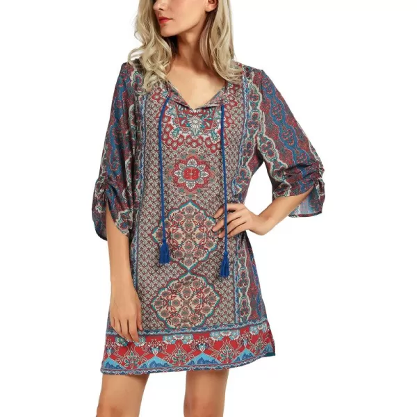 Women Bohemian Neck Tie Vintage Printed Ethnic Style Summer Shift DressPattern 11