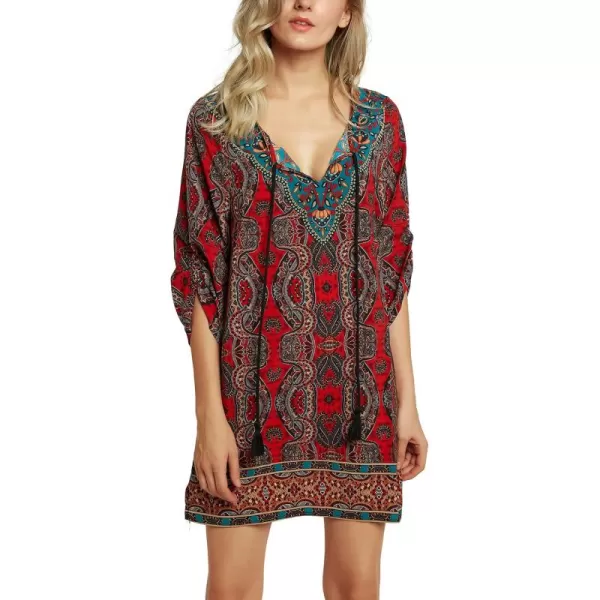 Women Bohemian Neck Tie Vintage Printed Ethnic Style Summer Shift DressPattern 15