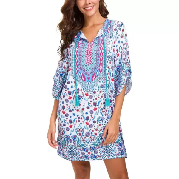 Women Bohemian Neck Tie Vintage Printed Ethnic Style Summer Shift DressPattern 17