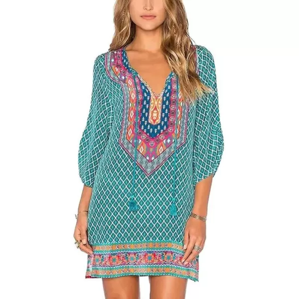 Women Bohemian Neck Tie Vintage Printed Ethnic Style Summer Shift DressPattern 18