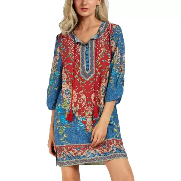 Women Bohemian Neck Tie Vintage Printed Ethnic Style Summer Shift DressPattern 2