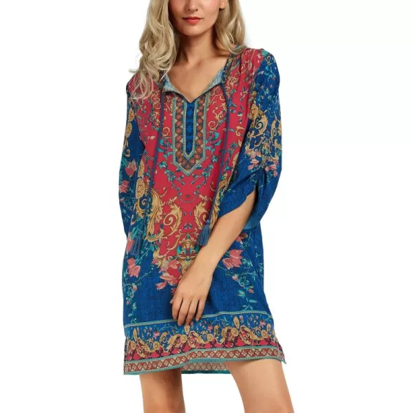 Women Bohemian Neck Tie Vintage Printed Ethnic Style Summer Shift DressPattern 3