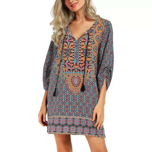 Women Bohemian Neck Tie Vintage Printed Ethnic Style Summer Shift DressPattern 5